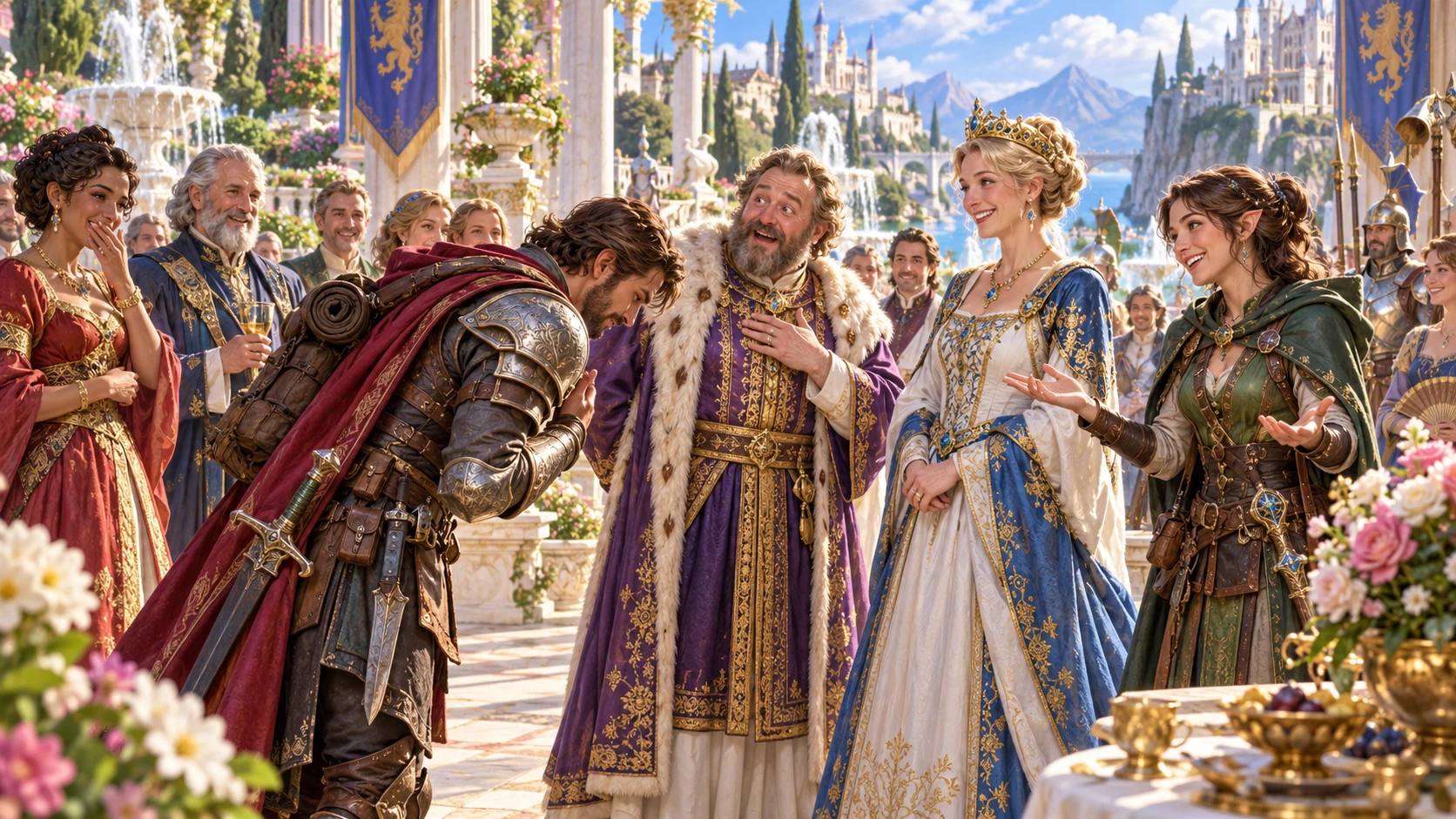 A traveller bows amid a friendly royal garden gathering as companions react to a light social mix-up.
