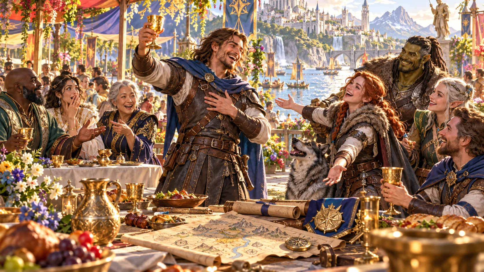Friends laugh and raise a toast together at a riverside fantasy banquet.