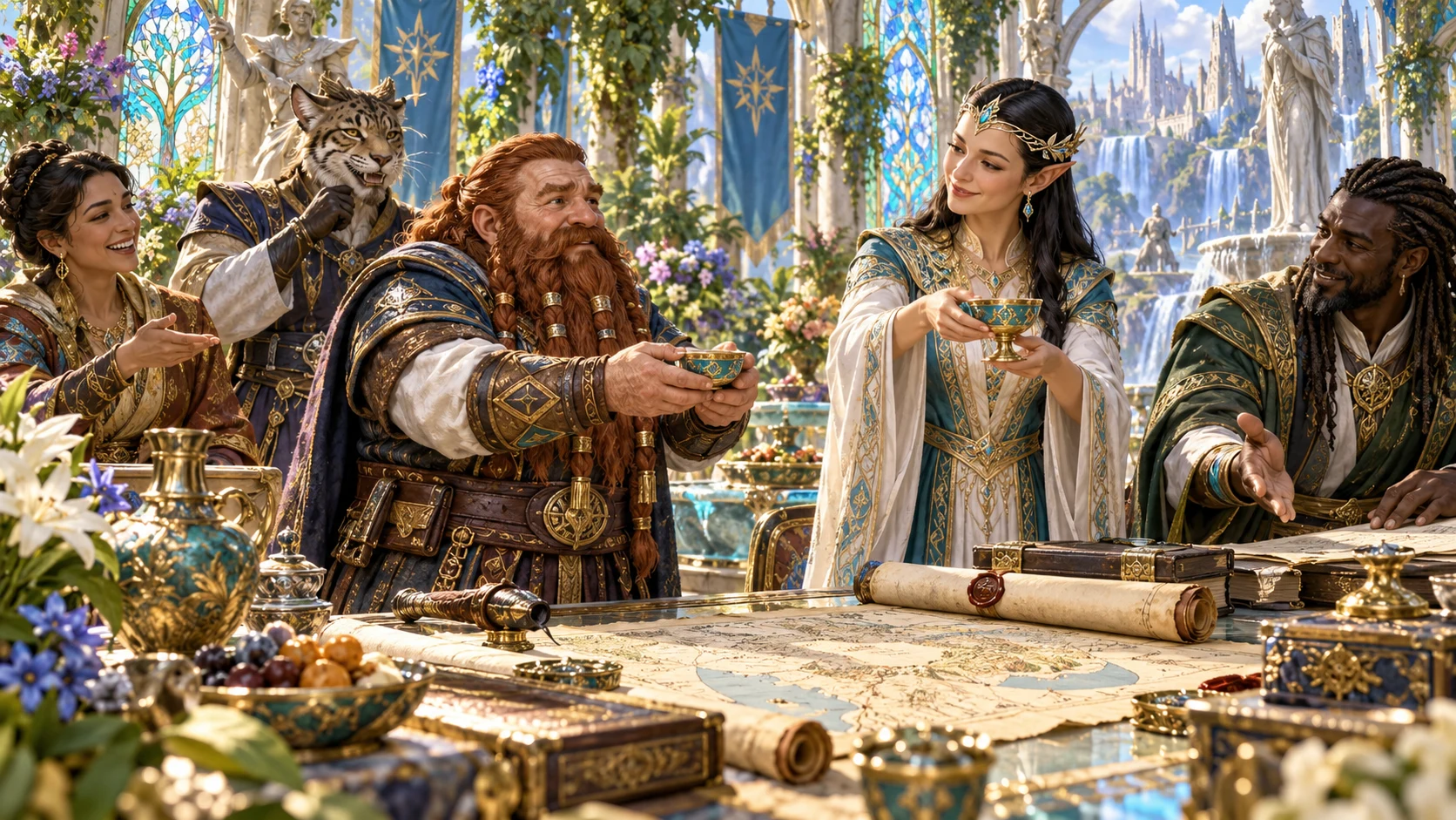 Companions share a gentle etiquette moment around a map table in a fantasy conservatory.